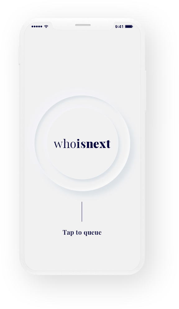 User interface of Whoisnext app initial screen is a white minimalist neuomorphic design with a single circular button in the center with the name Whoisnext on it